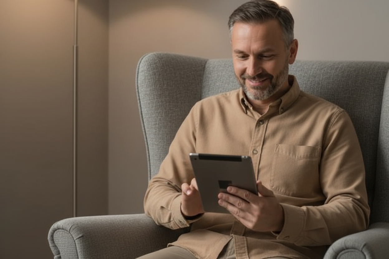 Man in sand shirt reading tablet