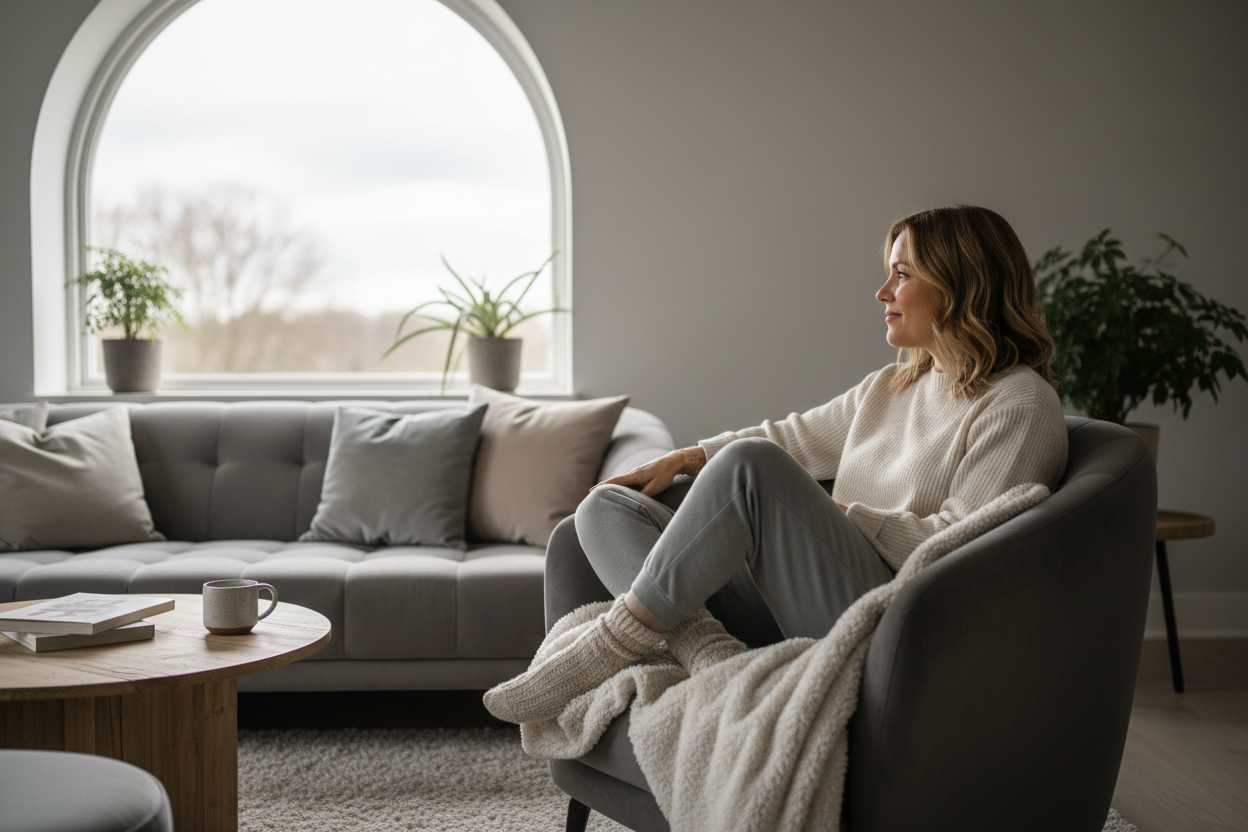 Person sitting peacefully in a cozy living room looking toward a window